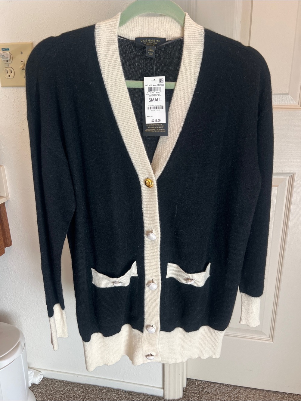 Charter Club Black and Cream V-Neck Cashmere-Blend Cardigan